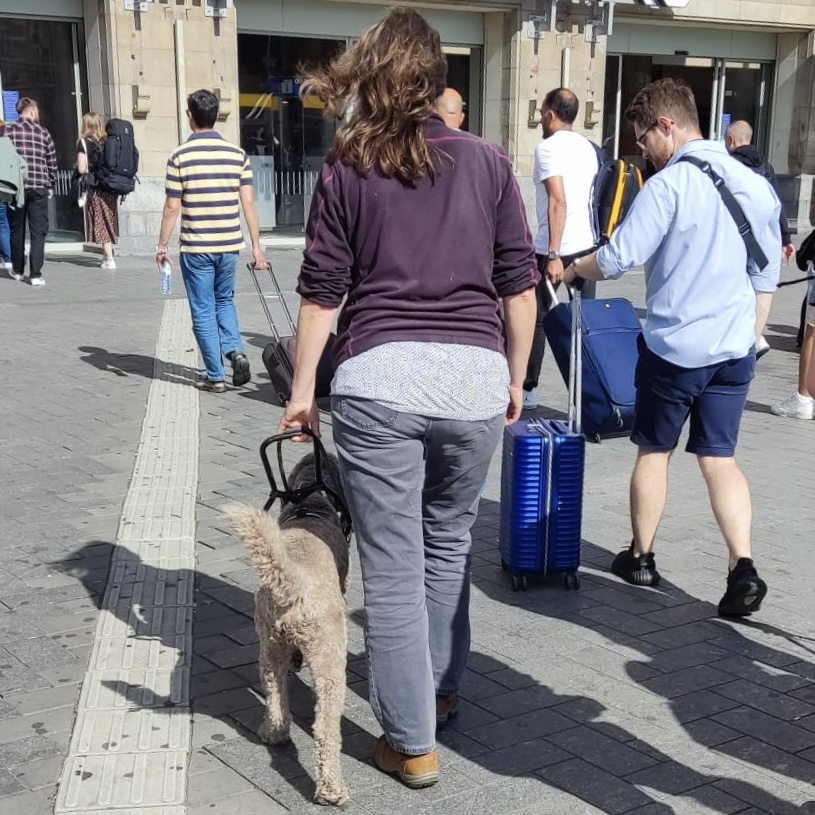 Christine loopt met een blindengeleidehond over het station